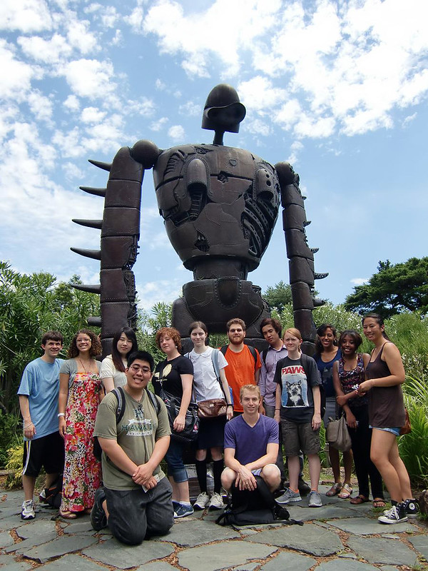 Group photo in front of the robot soldier at the roof of Ghibli Museum.