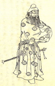 Takeshiuchi-no Sukune was Japanese politician and a legend in the early stages of Yamato Imperial Court. This picture was drawn by Kikuchi Yosai（菊池容斎） who was a painter in Japan.